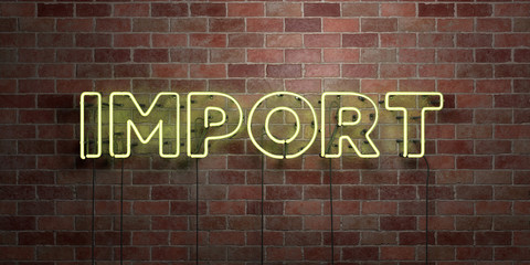 IMPORT - fluorescent Neon tube Sign on brickwork - Front view - 3D rendered royalty free stock picture. Can be used for online banner ads and direct mailers..