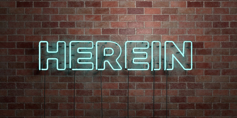 HEREIN - fluorescent Neon tube Sign on brickwork - Front view - 3D rendered royalty free stock picture. Can be used for online banner ads and direct mailers..
