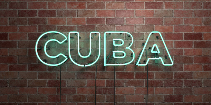 CUBA - fluorescent Neon tube Sign on brickwork - Front view - 3D rendered royalty free stock picture. Can be used for online banner ads and direct mailers..