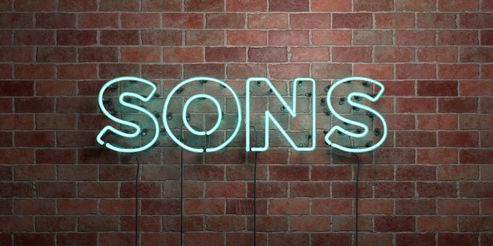 SONS - fluorescent Neon tube Sign on brickwork - Front view - 3D rendered royalty free stock picture. Can be used for online banner ads and direct mailers..