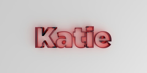 Katie - Red glass text on white background - 3D rendered royalty free stock image.