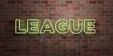 Fototapeta na wymiar LEAGUE - fluorescent Neon tube Sign on brickwork - Front view - 3D rendered royalty free stock picture. Can be used for online banner ads and direct mailers..