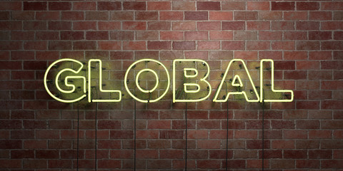 GLOBAL - fluorescent Neon tube Sign on brickwork - Front view - 3D rendered royalty free stock picture. Can be used for online banner ads and direct mailers..