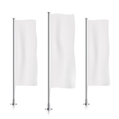Three white vertical banner flags, standing in a row. Banner flag templates isolated on background. Vertical flags realistic mockup.