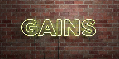GAINS - fluorescent Neon tube Sign on brickwork - Front view - 3D rendered royalty free stock picture. Can be used for online banner ads and direct mailers..