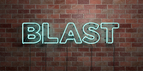 BLAST - fluorescent Neon tube Sign on brickwork - Front view - 3D rendered royalty free stock picture. Can be used for online banner ads and direct mailers..