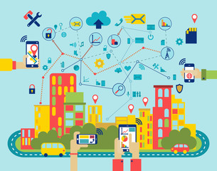 smart city landscape with defferent devices. mobile icons and simbols. mobile infographic