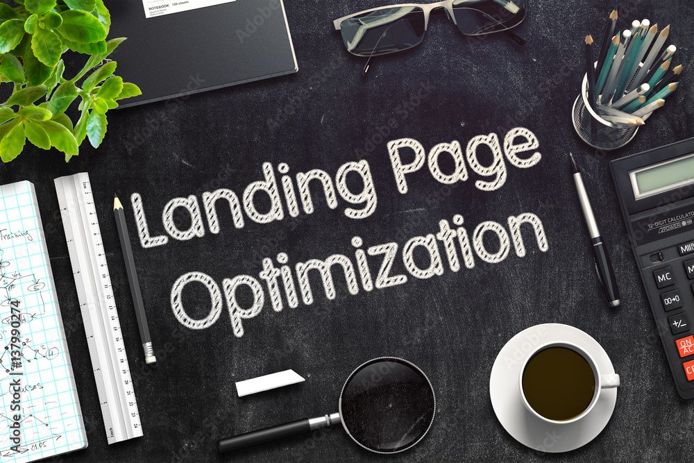 Aufkleber landing page optimization on black chalkboard. 3d rendering.