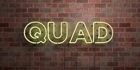 QUAD - fluorescent Neon tube Sign on brickwork - Front view - 3D rendered royalty free stock picture. Can be used for online banner ads and direct mailers..