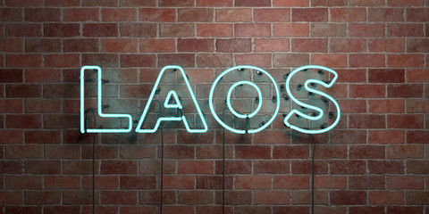 LAOS - fluorescent Neon tube Sign on brickwork - Front view - 3D rendered royalty free stock picture. Can be used for online banner ads and direct mailers..