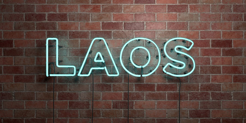 Obraz premium LAOS - fluorescent Neon tube Sign on brickwork - Front view - 3D rendered royalty free stock picture. Can be used for online banner ads and direct mailers..