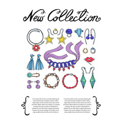 Cover with hand drawn colored jewelry. Set on the theme of new collection, fashion and beauty