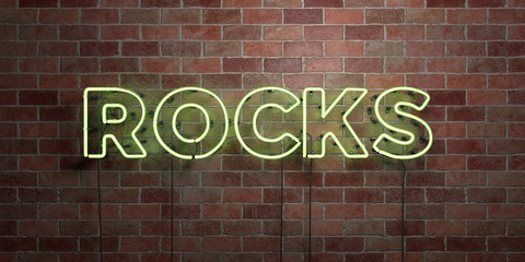 ROCKS - fluorescent Neon tube Sign on brickwork - Front view - 3D rendered royalty free stock picture. Can be used for online banner ads and direct mailers..