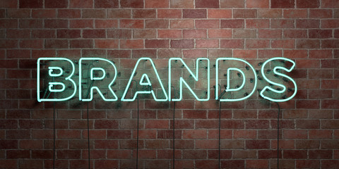 BRANDS - fluorescent Neon tube Sign on brickwork - Front view - 3D rendered royalty free stock picture. Can be used for online banner ads and direct mailers..