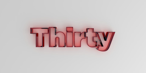 Thirty - Red glass text on white background - 3D rendered royalty free stock image.