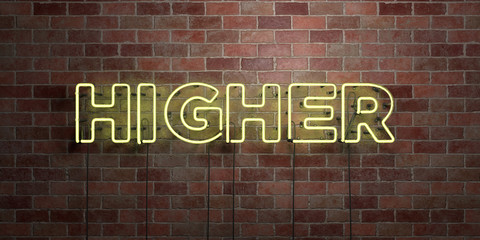 HIGHER - fluorescent Neon tube Sign on brickwork - Front view - 3D rendered royalty free stock picture. Can be used for online banner ads and direct mailers..