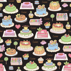 Vector seamless pattern with hand drawn colored cakes on black color. Pattern on the theme of sweets,  confectionery