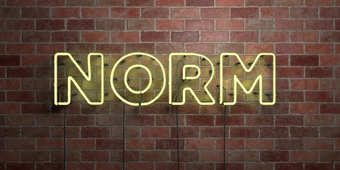 NORM - fluorescent Neon tube Sign on brickwork - Front view - 3D rendered royalty free stock picture. Can be used for online banner ads and direct mailers..