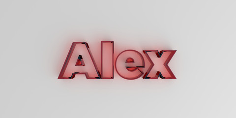 Alex - Red glass text on white background - 3D rendered royalty free stock image. - obrazy, fototapety, plakaty