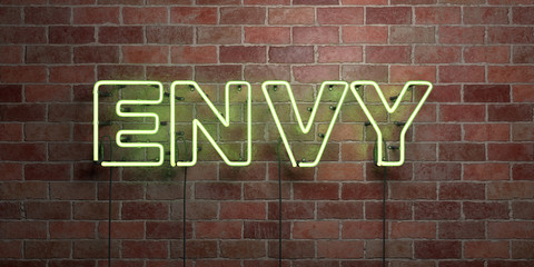 ENVY - fluorescent Neon tube Sign on brickwork - Front view - 3D rendered royalty free stock picture. Can be used for online banner ads and direct mailers..