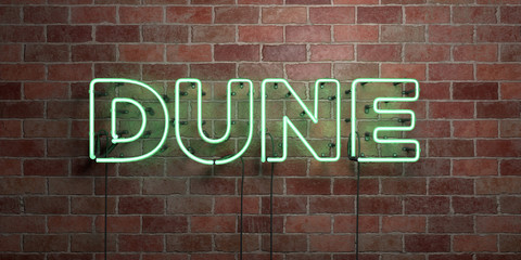 DUNE - fluorescent Neon tube Sign on brickwork - Front view - 3D rendered royalty free stock picture. Can be used for online banner ads and direct mailers..