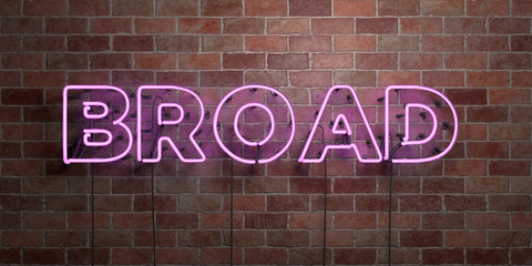 Fototapeta na wymiar BROAD - fluorescent Neon tube Sign on brickwork - Front view - 3D rendered royalty free stock picture. Can be used for online banner ads and direct mailers..