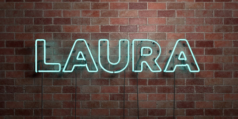 LAURA - fluorescent Neon tube Sign on brickwork - Front view - 3D rendered royalty free stock picture. Can be used for online banner ads and direct mailers..