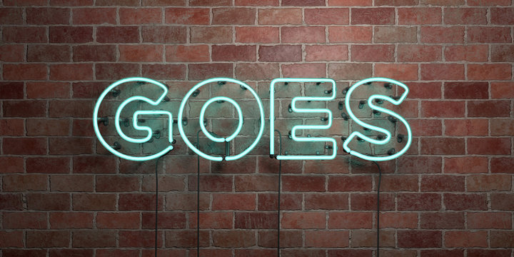 GOES - fluorescent Neon tube Sign on brickwork - Front view - 3D rendered royalty free stock picture. Can be used for online banner ads and direct mailers..