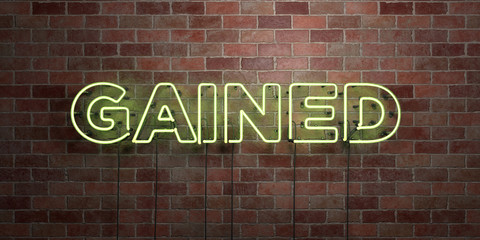 GAINED - fluorescent Neon tube Sign on brickwork - Front view - 3D rendered royalty free stock picture. Can be used for online banner ads and direct mailers..
