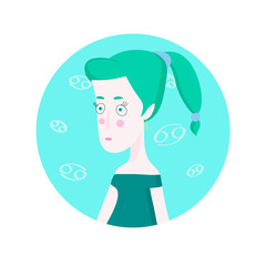 Woman cartoon portrait representing Cancer Zodiac Sign