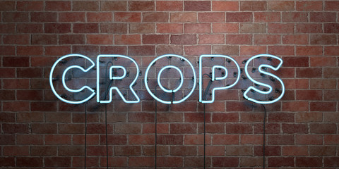 CROPS - fluorescent Neon tube Sign on brickwork - Front view - 3D rendered royalty free stock picture. Can be used for online banner ads and direct mailers..