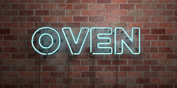 OVEN - fluorescent Neon tube Sign on brickwork - Front view - 3D rendered royalty free stock picture. Can be used for online banner ads and direct mailers..