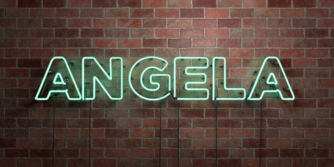 ANGELA - fluorescent Neon tube Sign on brickwork - Front view - 3D rendered royalty free stock picture. Can be used for online banner ads and direct mailers..