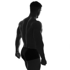 Fototapeta premium Sexy slim fit man body. Muscled abdomen. Sportswear. Isolated on white. Black and white image