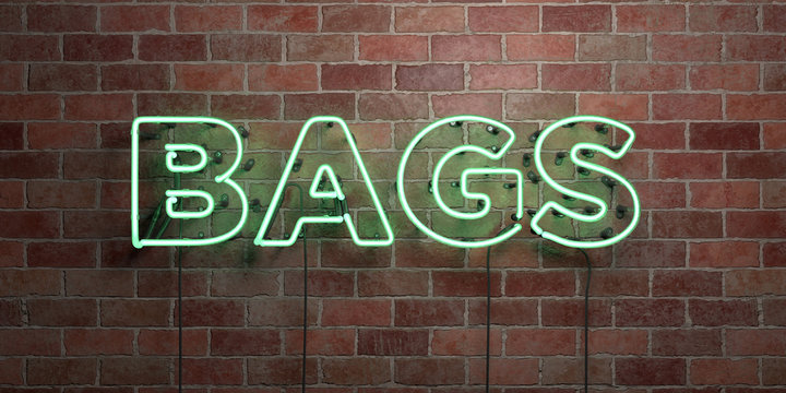 BAGS - fluorescent Neon tube Sign on brickwork - Front view - 3D rendered royalty free stock picture. Can be used for online banner ads and direct mailers..