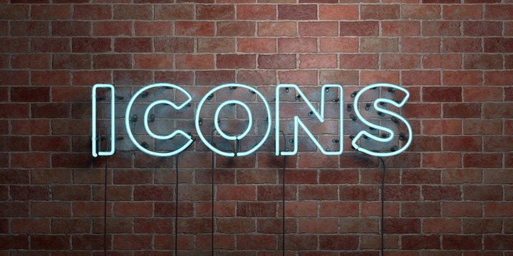 ICONS - fluorescent Neon tube Sign on brickwork - Front view - 3D rendered royalty free stock picture. Can be used for online banner ads and direct mailers..