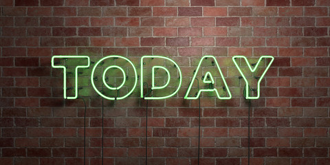 TODAY - fluorescent Neon tube Sign on brickwork - Front view - 3D rendered royalty free stock picture. Can be used for online banner ads and direct mailers..