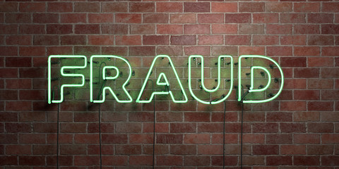 FRAUD - fluorescent Neon tube Sign on brickwork - Front view - 3D rendered royalty free stock picture. Can be used for online banner ads and direct mailers..