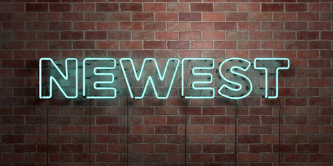 NEWEST - fluorescent Neon tube Sign on brickwork - Front view - 3D rendered royalty free stock picture. Can be used for online banner ads and direct mailers..