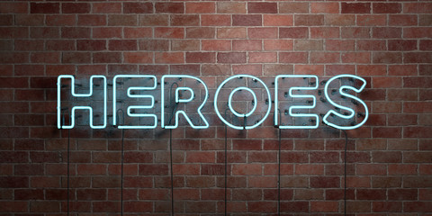 Fototapeta na wymiar HEROES - fluorescent Neon tube Sign on brickwork - Front view - 3D rendered royalty free stock picture. Can be used for online banner ads and direct mailers..