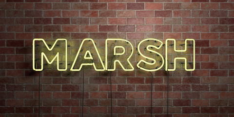 MARSH - fluorescent Neon tube Sign on brickwork - Front view - 3D rendered royalty free stock picture. Can be used for online banner ads and direct mailers..