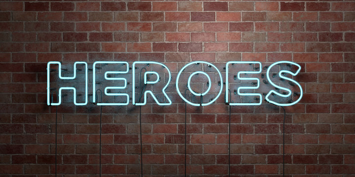 HEROES - fluorescent Neon tube Sign on brickwork - Front view - 3D rendered royalty free stock picture. Can be used for online banner ads and direct mailers..