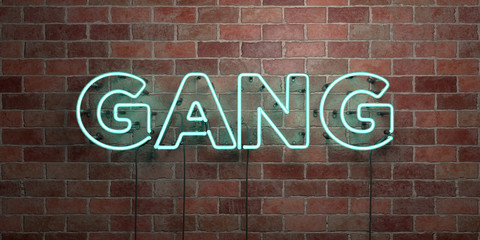 GANG - fluorescent Neon tube Sign on brickwork - Front view - 3D rendered royalty free stock picture. Can be used for online banner ads and direct mailers..