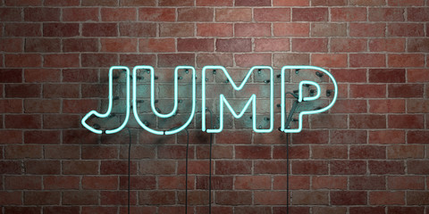 JUMP - fluorescent Neon tube Sign on brickwork - Front view - 3D rendered royalty free stock picture. Can be used for online banner ads and direct mailers..