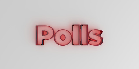 Polls - Red glass text on white background - 3D rendered royalty free stock image.