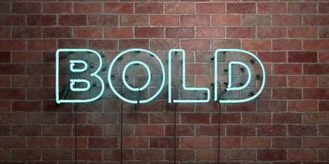 BOLD - fluorescent Neon tube Sign on brickwork - Front view - 3D rendered royalty free stock picture. Can be used for online banner ads and direct mailers..