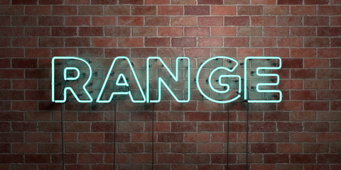 RANGE - fluorescent Neon tube Sign on brickwork - Front view - 3D rendered royalty free stock picture. Can be used for online banner ads and direct mailers..