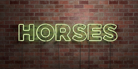 Obraz premium HORSES - fluorescent Neon tube Sign on brickwork - Front view - 3D rendered royalty free stock picture. Can be used for online banner ads and direct mailers..