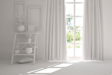 White empty room with green landscape in window. Scandinavian interior design