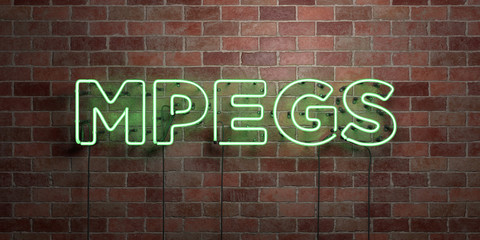 MPEGS - fluorescent Neon tube Sign on brickwork - Front view - 3D rendered royalty free stock picture. Can be used for online banner ads and direct mailers..